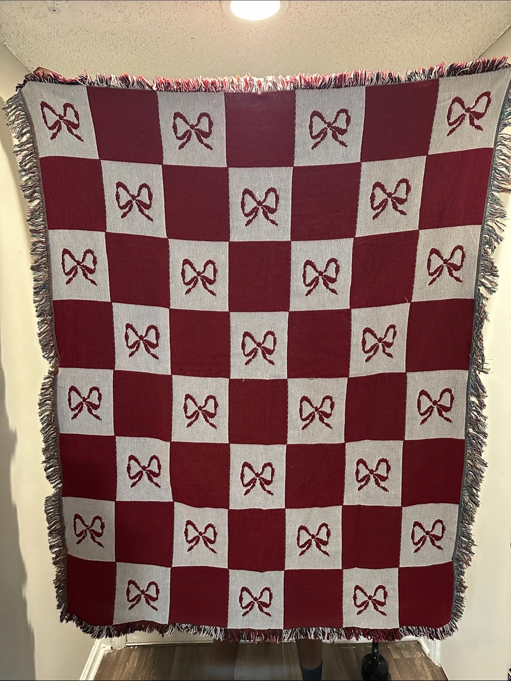 Festive Red and Cream Bow Throw Blanket Home Holiday